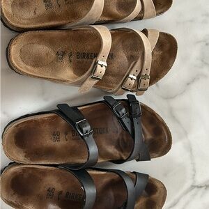 Birkenstock Black and Tan Sandals with Cork Footbed